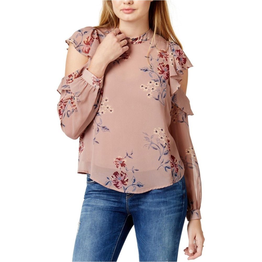 ASTR The Label Chantelle sheer mauve ruffle floral open shoulder top, Nordstrom
